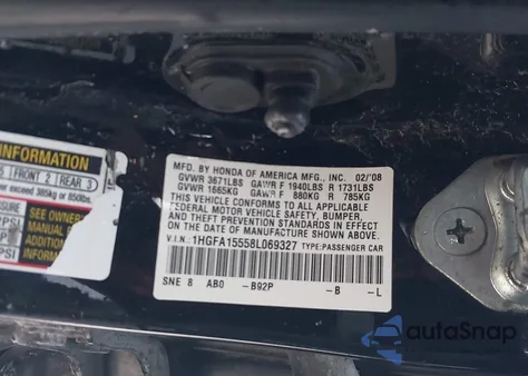 2008 Honda Civic Lx z USA, uszkodzony, nr VIN 1HGFA15558L069327